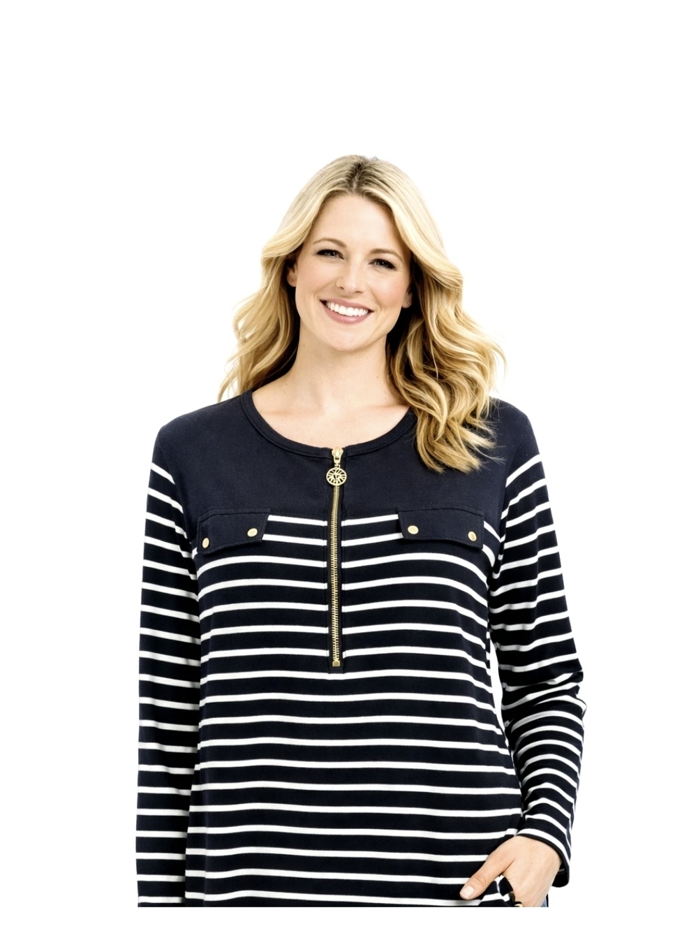 ANNE KLEIN Navy Style Black & White Striped Adjustable Sleeve Top Plus Size 1X